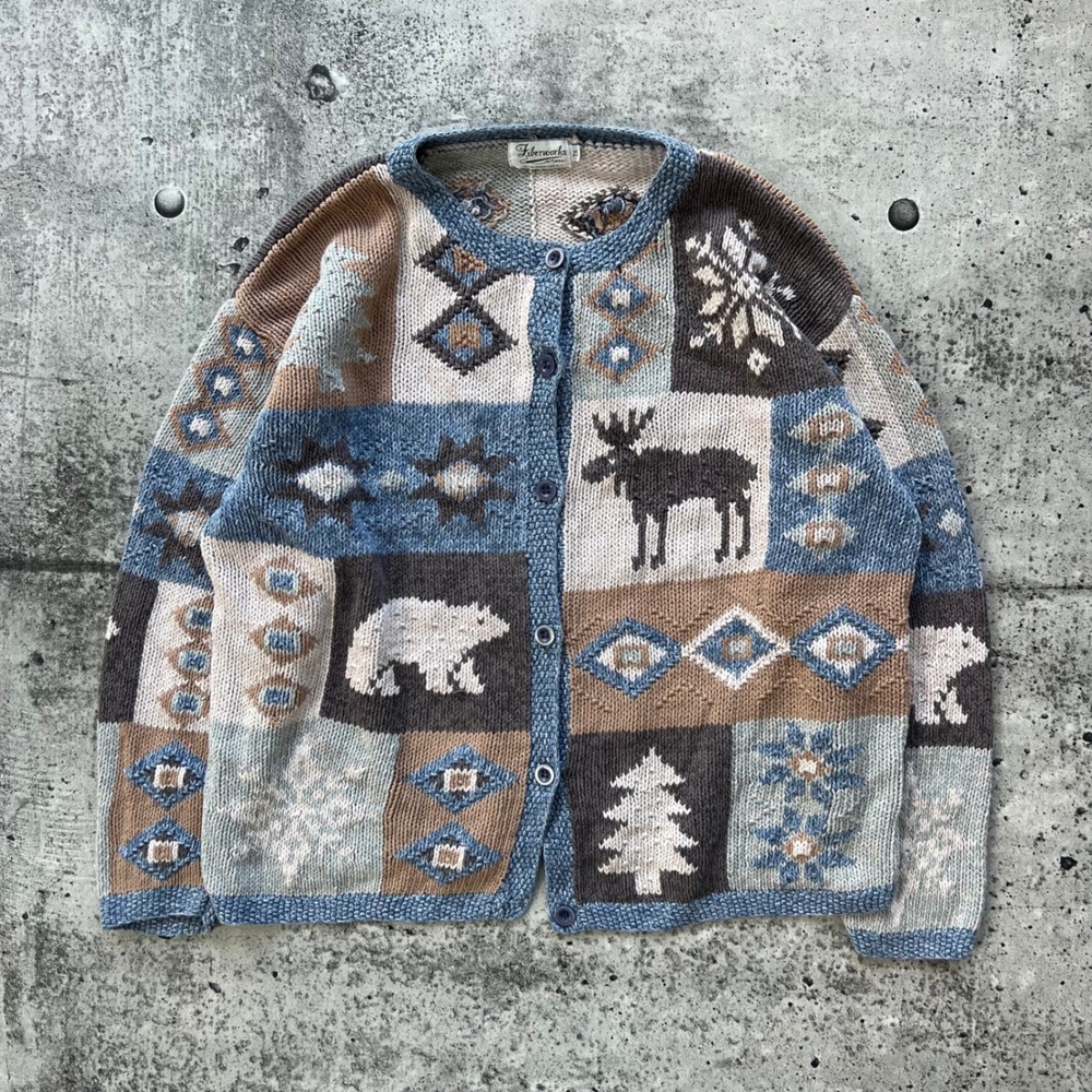 Vintage Fiberworks Sweater Women XL Blue Patch Knit Moose Bear Cardigan Cabin